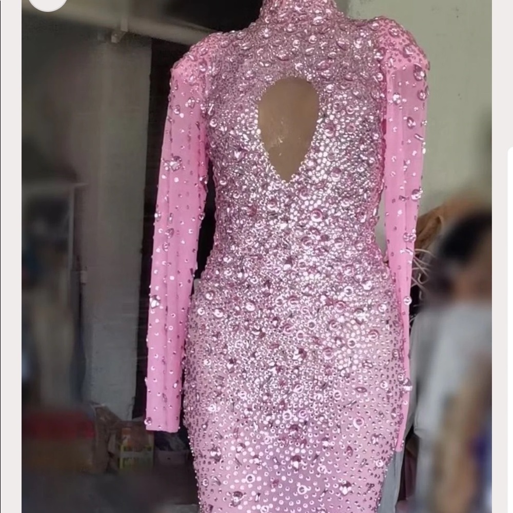 Custom made pink dress with gems and crystals.